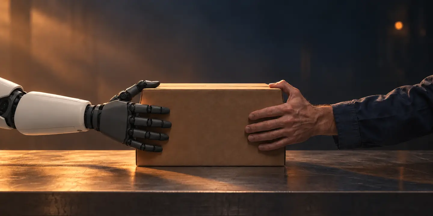 La mano de una persona y la mano de un robot sujetan la misma caja de cartón sobre una mesa de acero, con la luz cálida del amanecer.
