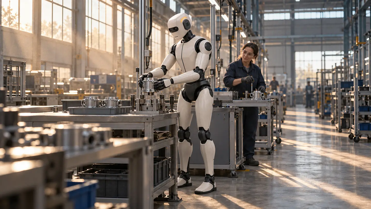 Por la mañana, en una línea de montaje, un robot humanoide coloca con las dos manos una pieza de aluminio en un utillaje mientras una operaria con gafas de seguridad lo mira desde el puesto de al lado.
